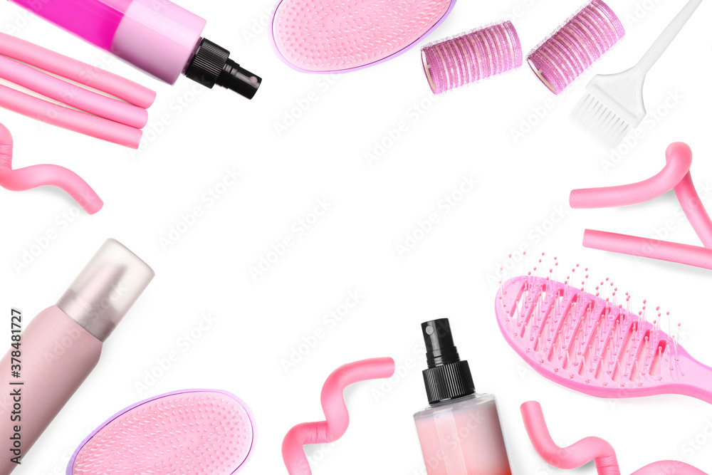 Set of hairdressers accessories on white background
