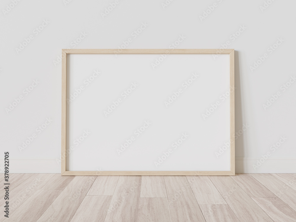 Wooden frame leaning on floor in interior mockup. Template of a picture framed on a wall 3D renderin