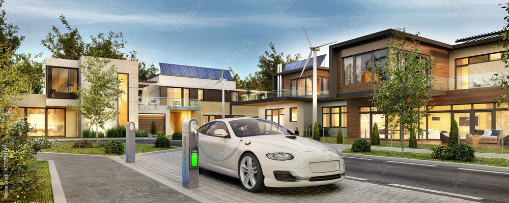 带太阳能电池板和电动汽车的现代住宅