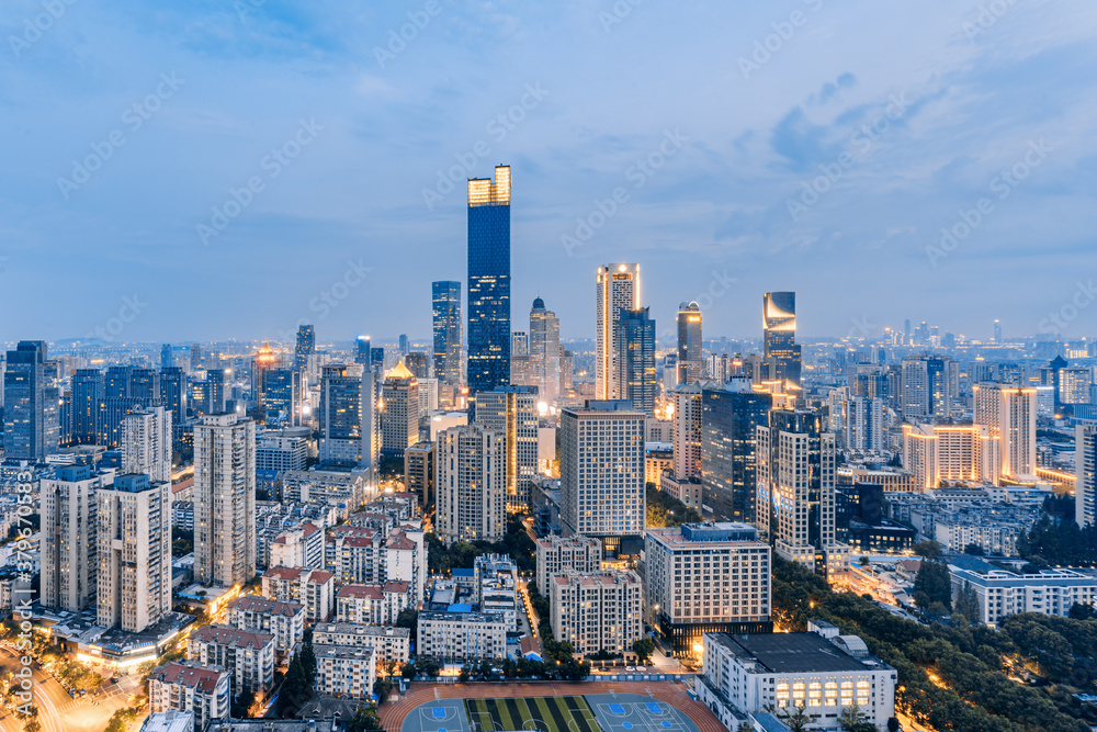 Skyline night view of high-rise buildings in Nanjing, Jiangsu, China