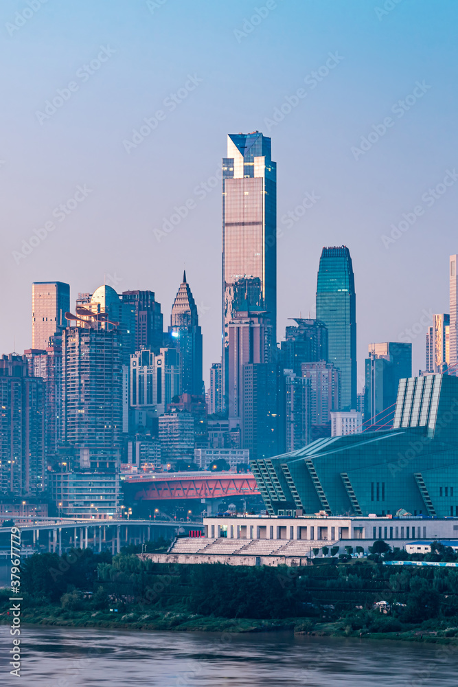 中国重庆朝天门沿线高层建筑与重庆大剧院夜景