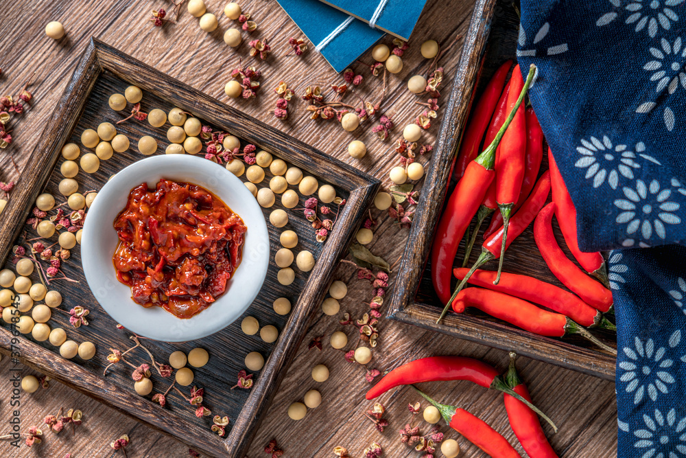 A dish of Pixian bean paste with chili, pepper and soybean