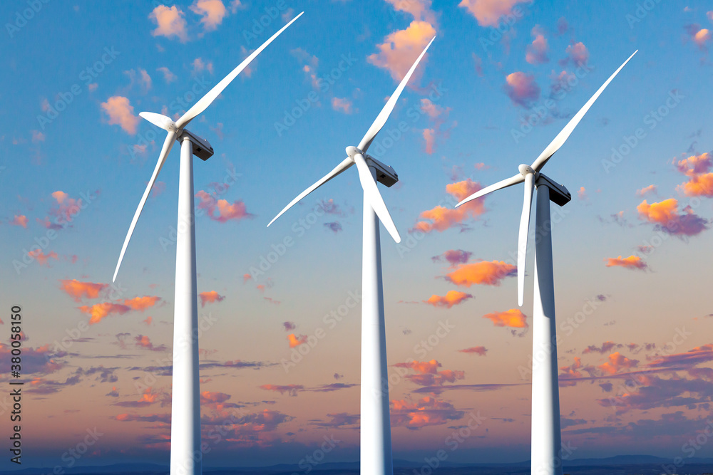 可再生能源和风力涡轮机。风电场和日落景观。