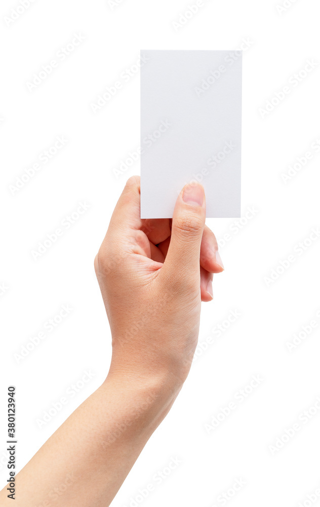 A womans hand holding a plain business card on a white background