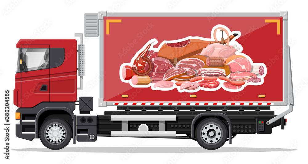 Truck car full of meat products. Shop and farm delivering service. Delivery and selling meat and gro