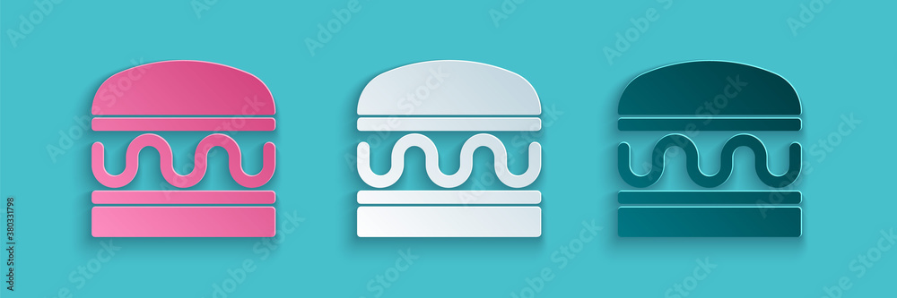Paper cut Burger icon isolated on blue background. Hamburger icon. Cheeseburger sandwich sign. Fast 