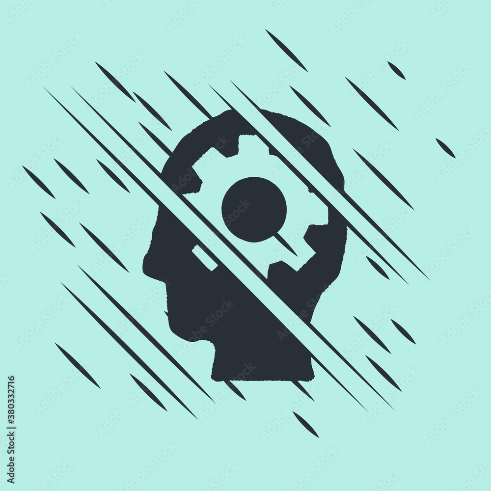 Black Human head with gear inside icon isolated on green background. Artificial intelligence. Thinki
