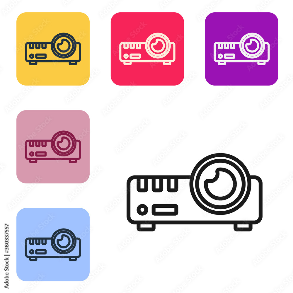 黑线演示、电影、电影、媒体投影仪图标隔离在白色背景上。设置图标i