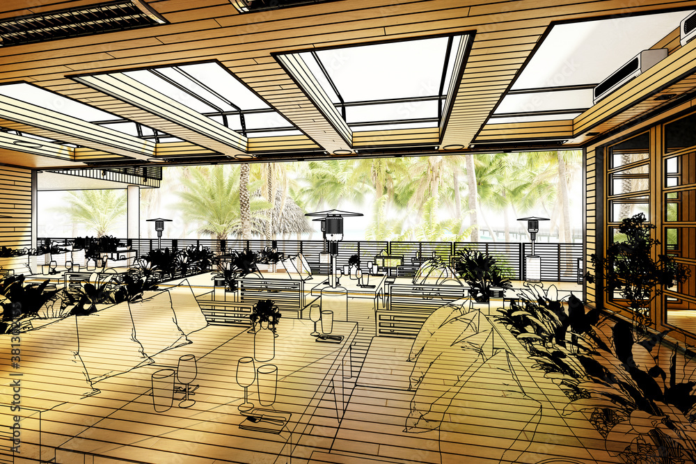 Terrace Chill & Restaurant Area Inside a Resort (illustration) - 3d architectural visualization