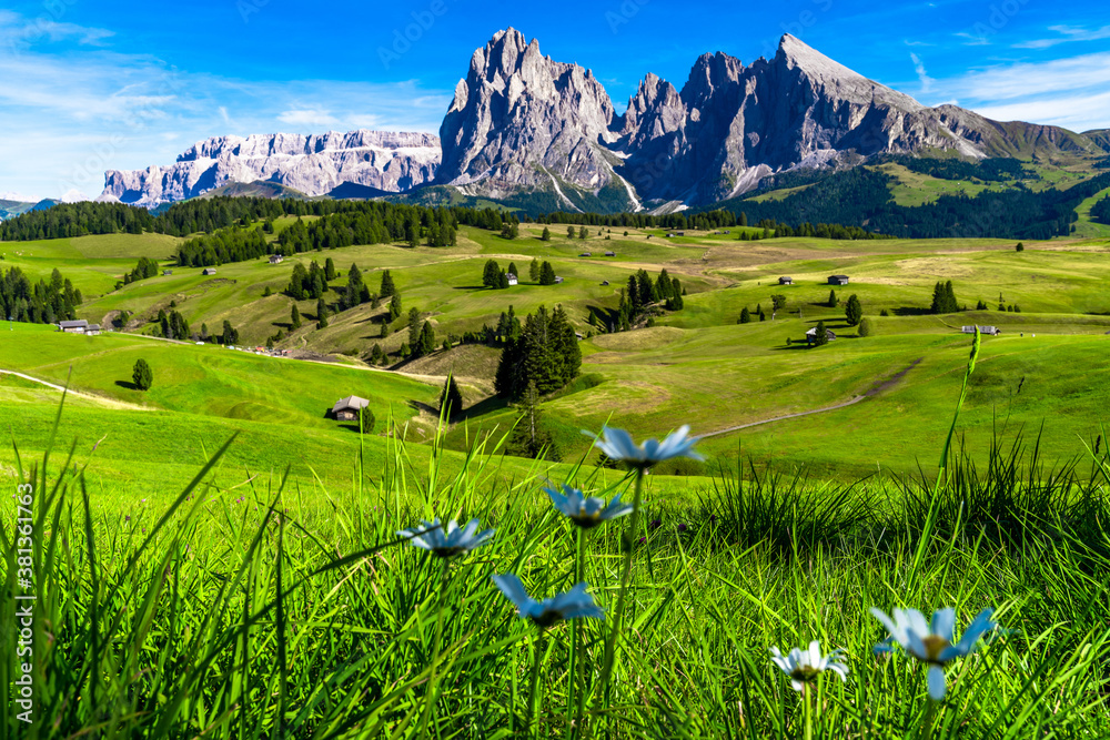Seceda Mountains at the Dolomites, Trentino Alto Adige, Val di Funes Valley, South Tyrol in Italy, O