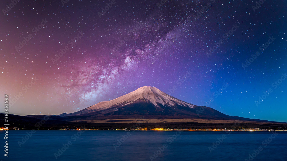 Fuji mountain at yamanachi in Japan, Fuji mountain at night with milky way galaxy and Kawaguchiko la