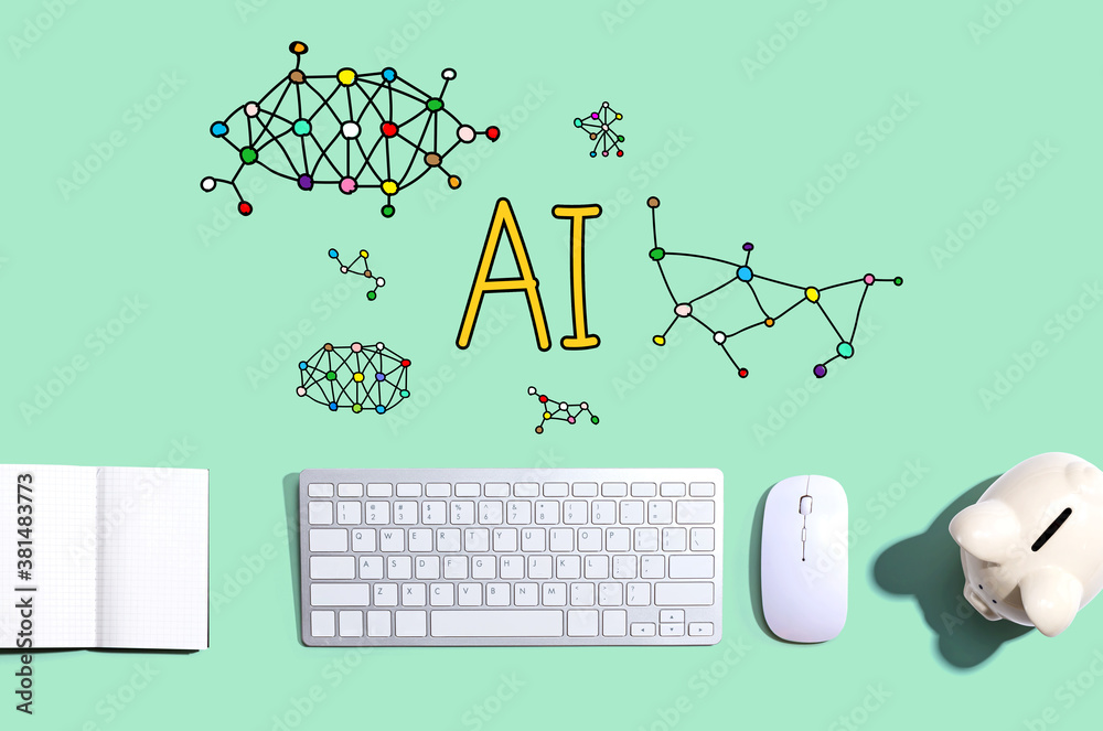 AI with a computer keyboard and a piggy bank