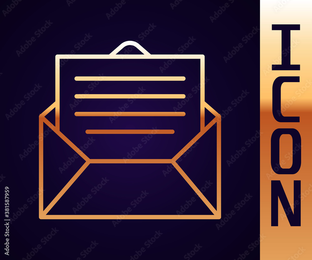 Gold line Envelope icon isolated on black background. Email message letter symbol. Vector Illustrati