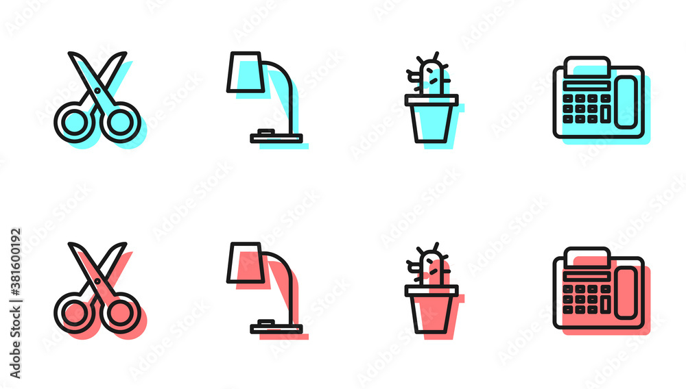 Set line Cactus and succulent in pot, Scissors, Table lamp and Telephone icon. Vector.