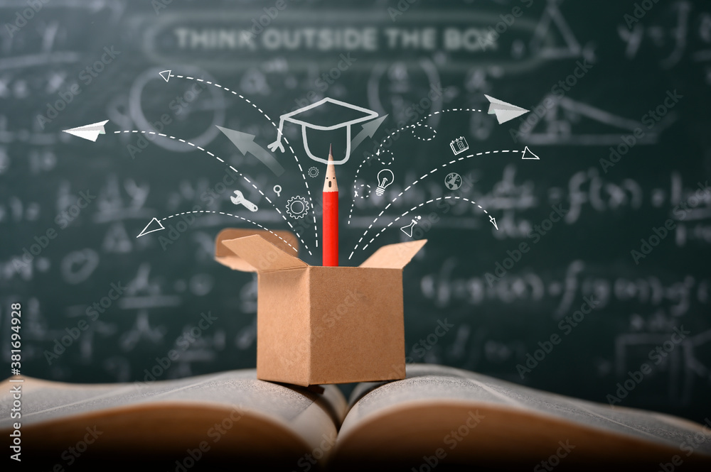 think outside the box on school green blackboard . startup education concept. creative idea. leaders