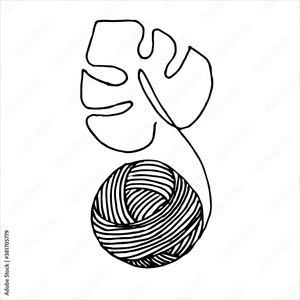 vector illustration in doodle style, knitting yarn ball in a shopping bag. minimalistic logo of mode