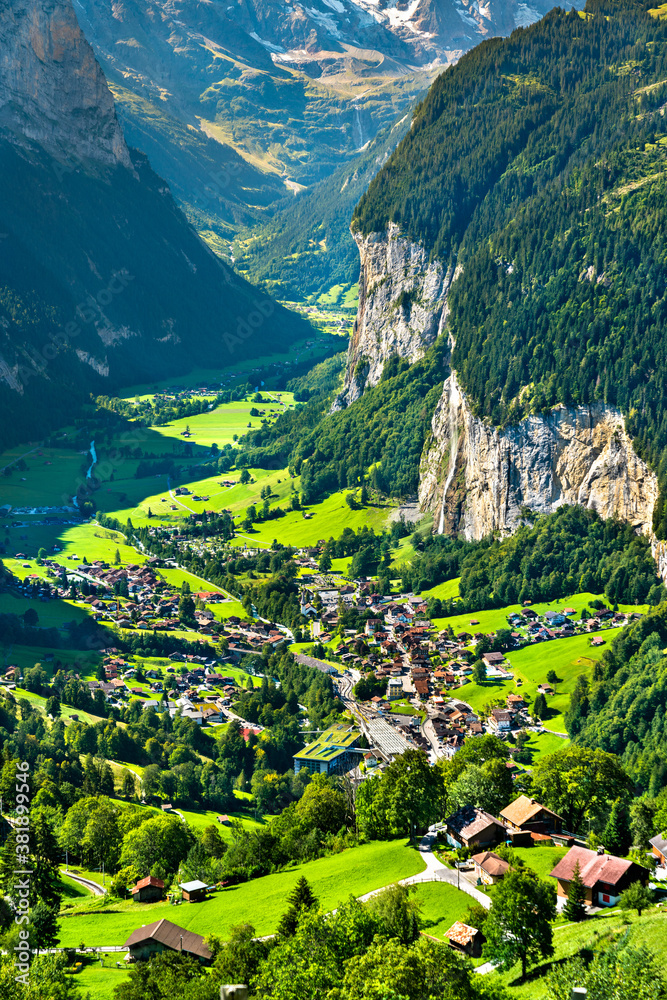 View of Lauterbrunnen from Wengen in the Swiss Alps