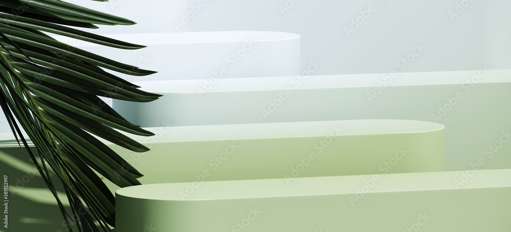 Minimal cosmetic background for product presentation. Step podium and green palm leaf on green color