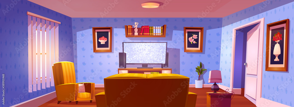 Living room interior with rear view to sofa, chair and glowing tv screen. Vector cartoon illustratio