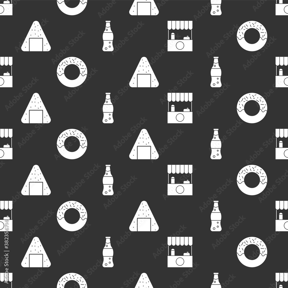 Set Street stall with awning, Donut, Onigiri and Bottle of water on seamless pattern. Vector.