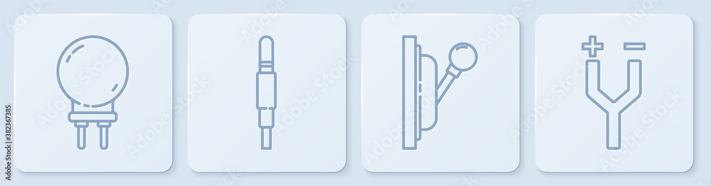 Set line Light emitting diode, Electrical panel, Audio jack and Electric cable. White square button.