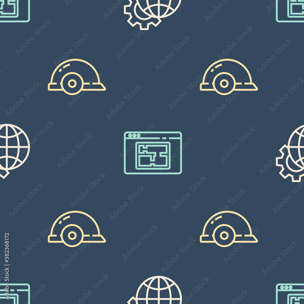 Set line Globe of the Earth and gear, Worker safety helmet and House plan on seamless pattern. Vecto