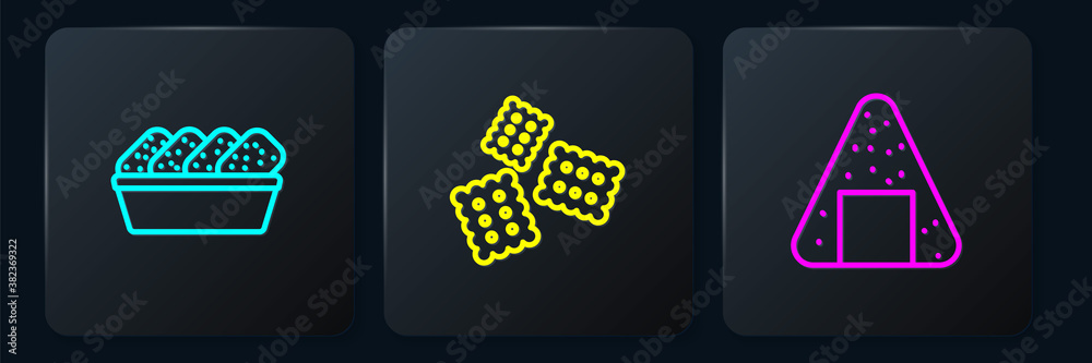 Set line Chicken nuggets in box, Onigiri and Cracker biscuit. Black square button. Vector.
