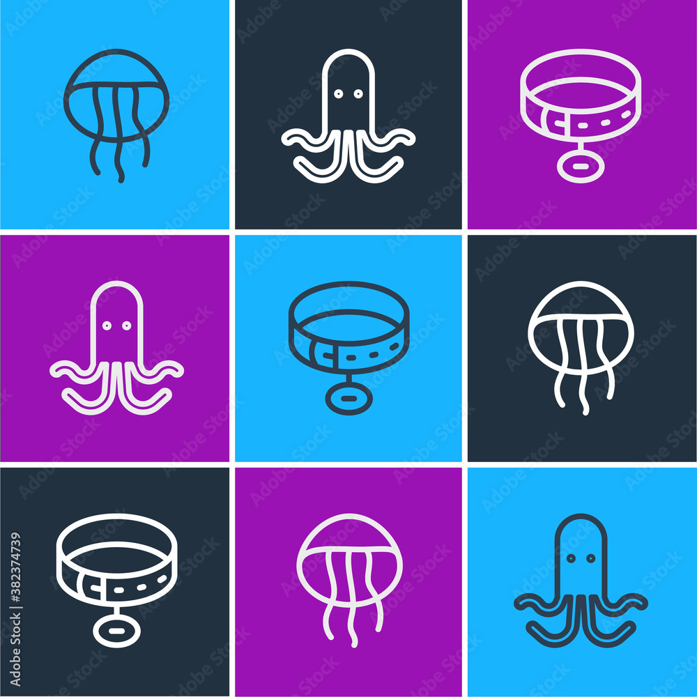 Set line Jellyfish, Collar with name tag and Octopus icon. Vector.