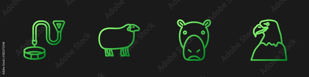 Set line Hippo or Hippopotamus, Collar with name tag, Sheep and Eagle head. Gradient color icons. Ve