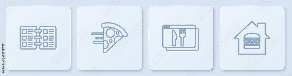 Set line Restaurant cafe menu, Online ordering and delivery, pizza and . White square button. Vector