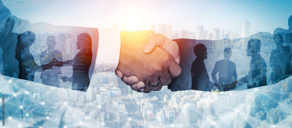 Abstract image of many business people together in group on background of city view with office buil