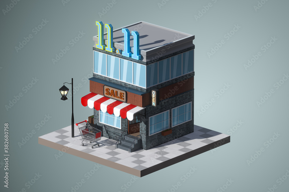 Cartoon store, modern shop building, 3d rendering.
