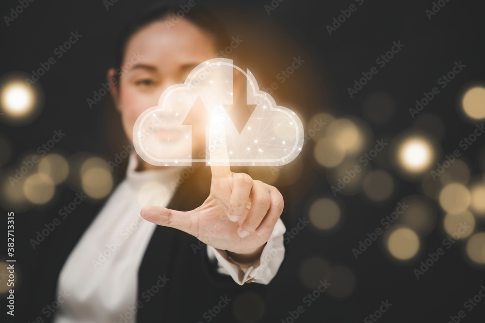 Business Asian woman touching connect to data information on the cloud icon computing network., Back