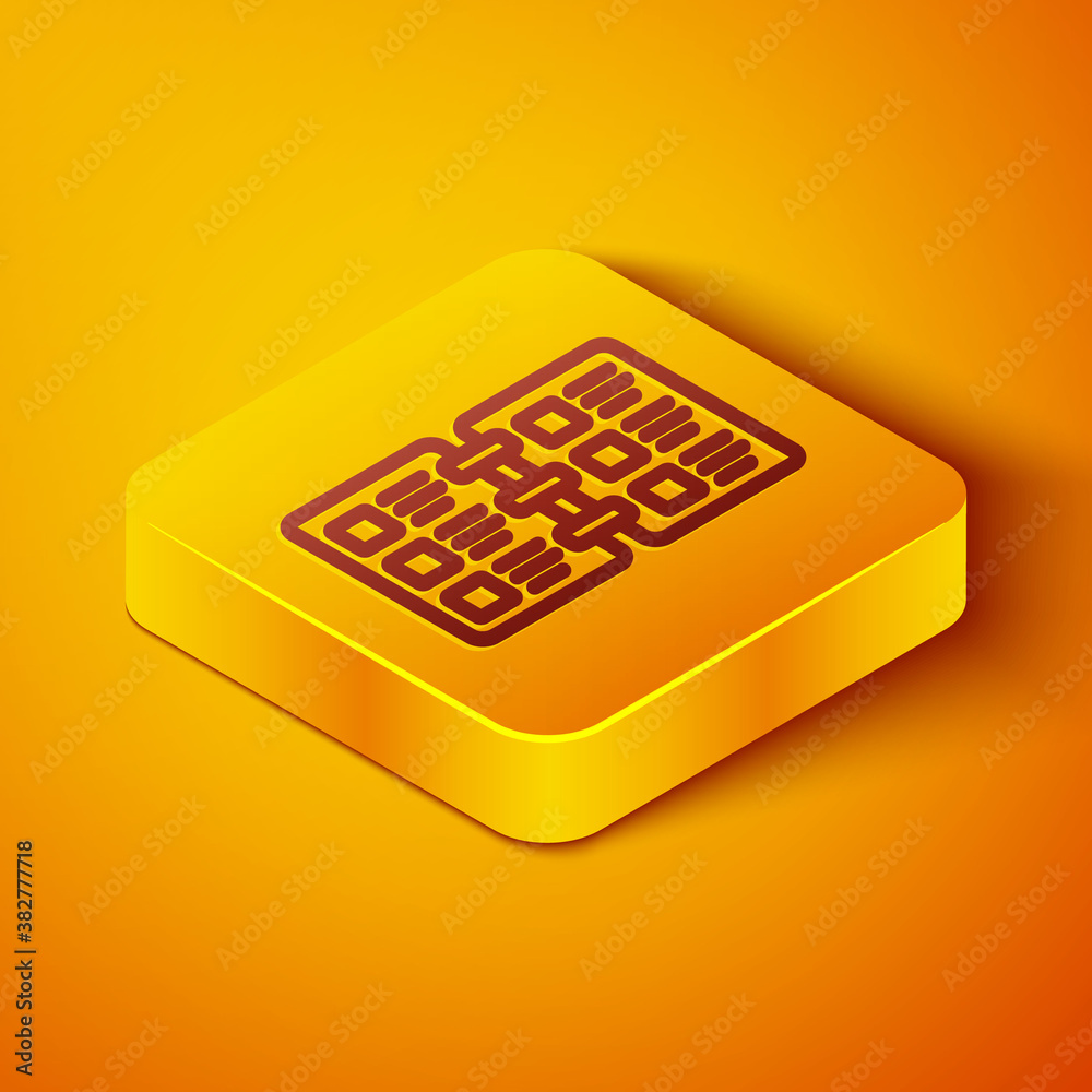 Isometric line Restaurant cafe menu icon isolated on orange background. Yellow square button. Vector