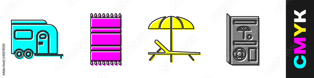 Set Rv Camping trailer, Beach towel, Sunbed and umbrella and Travel brochure icon. Vector.