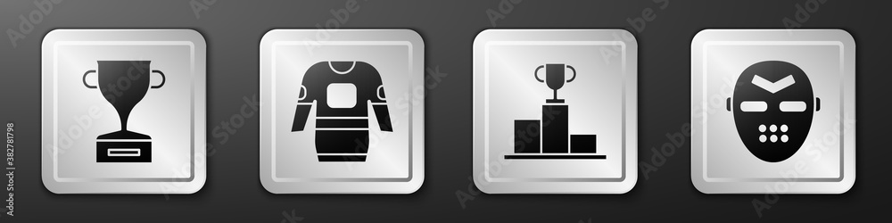 Set Award cup, Hockey jersey, Hockey over sports winner podium and Hockey mask icon. Silver square b