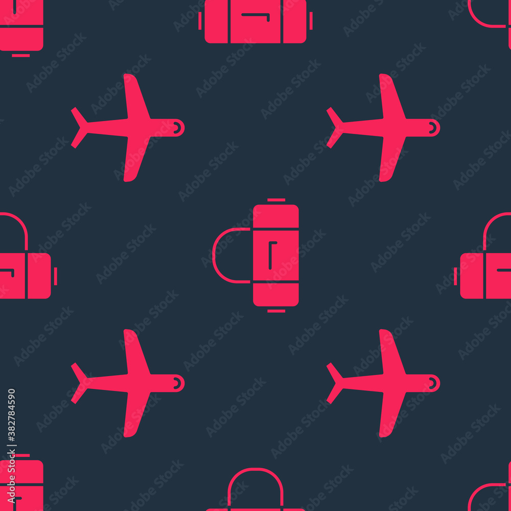 Set Plane and Suitcase on seamless pattern. Vector.