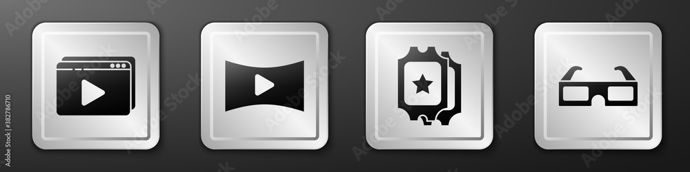 Set Online play video, Online play video, Cinema ticket and 3D cinema glasses icon. Silver square bu