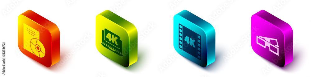 Set Isometric CD or DVD disk, Laptop with 4k video, 4k movie, tape, frame and 3D cinema glasses icon