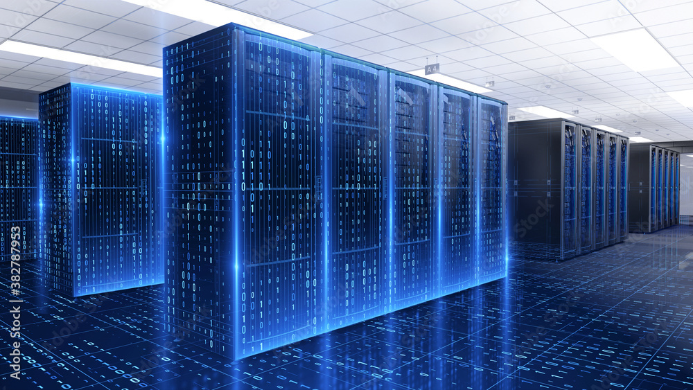 Server racks in server room data center consisting of a digital binary code - 3d rendering