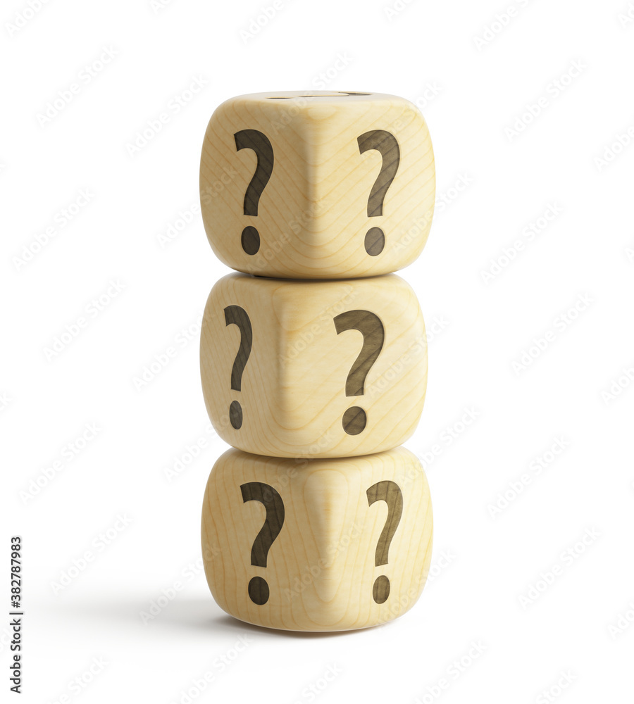 Stack of Wooden blocks cubes with question marks isolated on white. 3d rendering