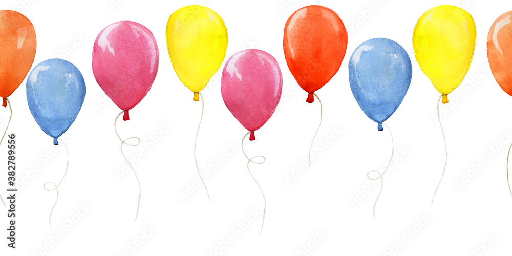 watercolor seamless border, pattern with colored balloons. clipart, design for birthday, holiday, pa