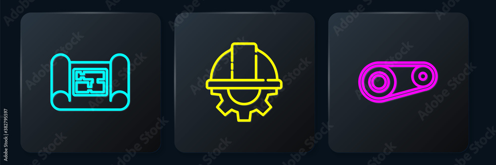 Set line House plan, Timing belt kit and Worker safety helmet and gear. Black square button. Vector.