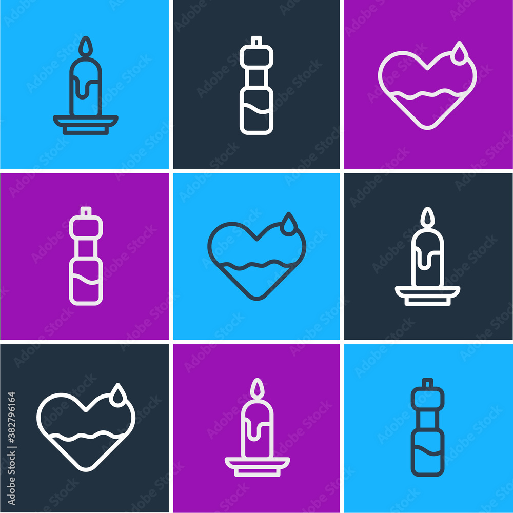Set line Burning candle, Heart heal and Bottle of water icon. Vector.