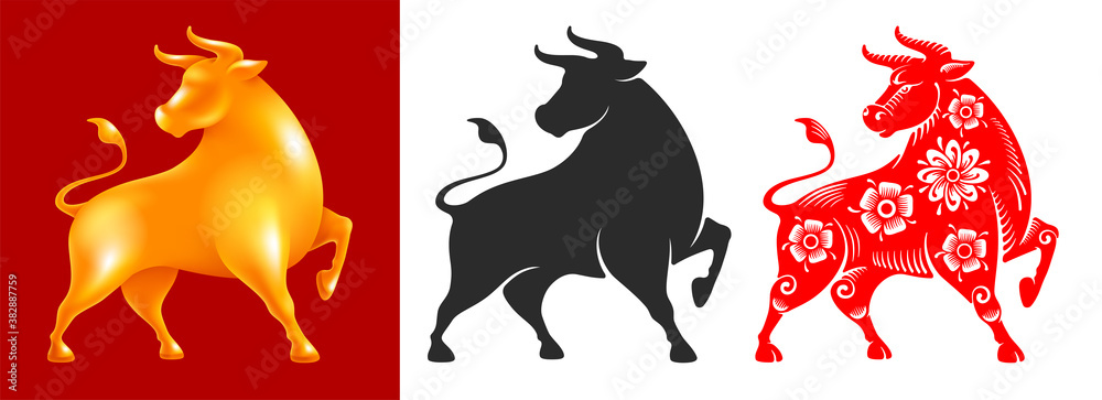 公牛，中国生肖新2021的象征。布景由不同风格的公牛组成。黄金卷
