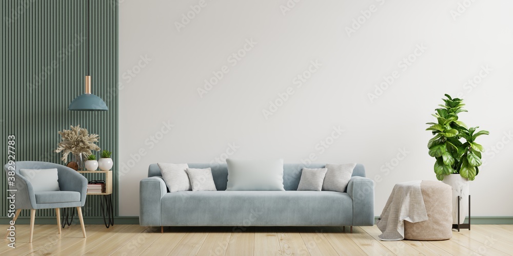 Bright and cozy modern living room interior have sofa,armchair and lamp with white wall background.