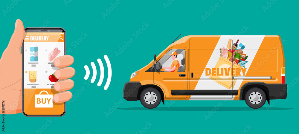 Delivery van full of food and smartphone. Concept of fast grocery delivery service. Supermarket, caf