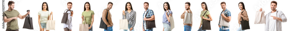 Set of people holding blank bags on white background
