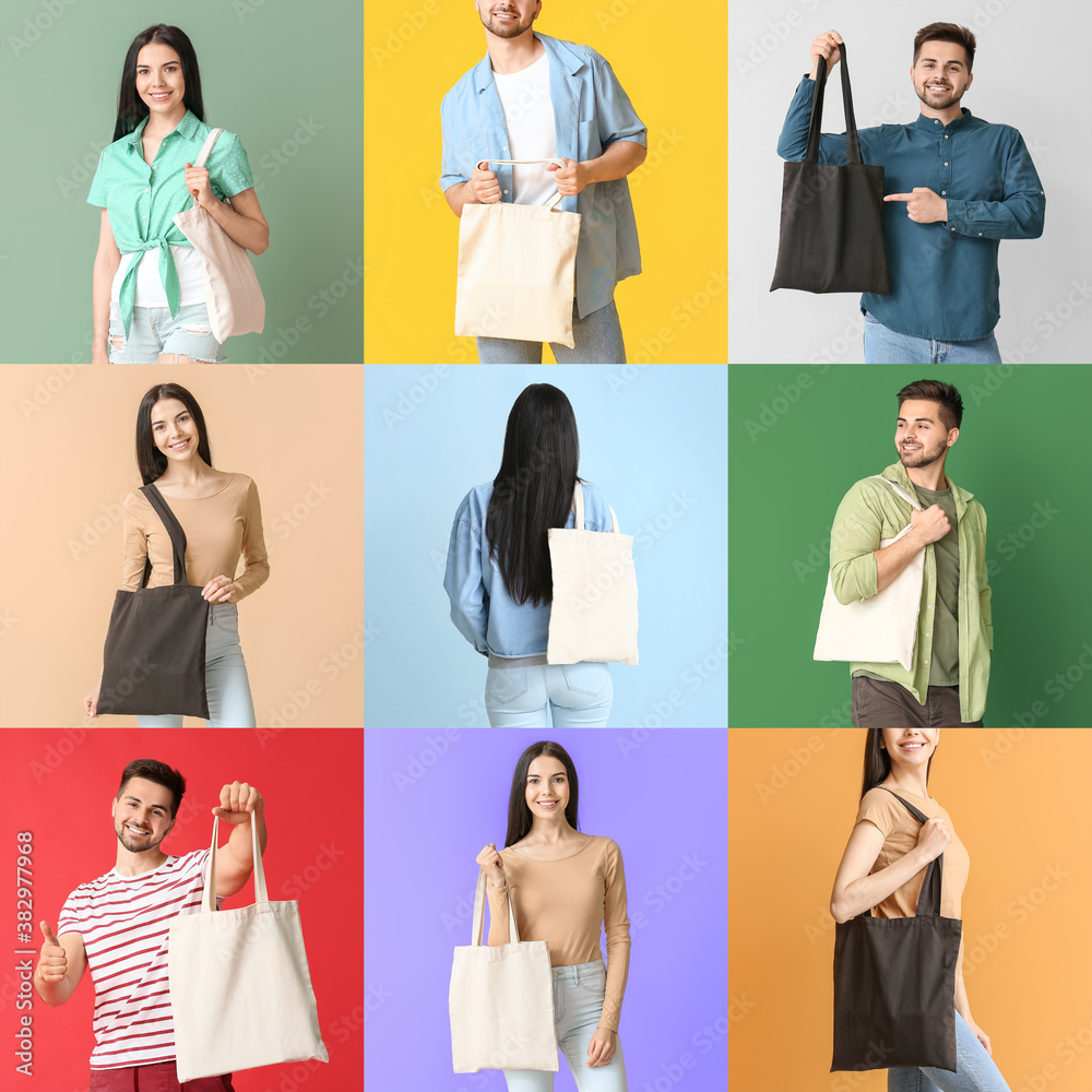 Set of people holding blank bags on color background