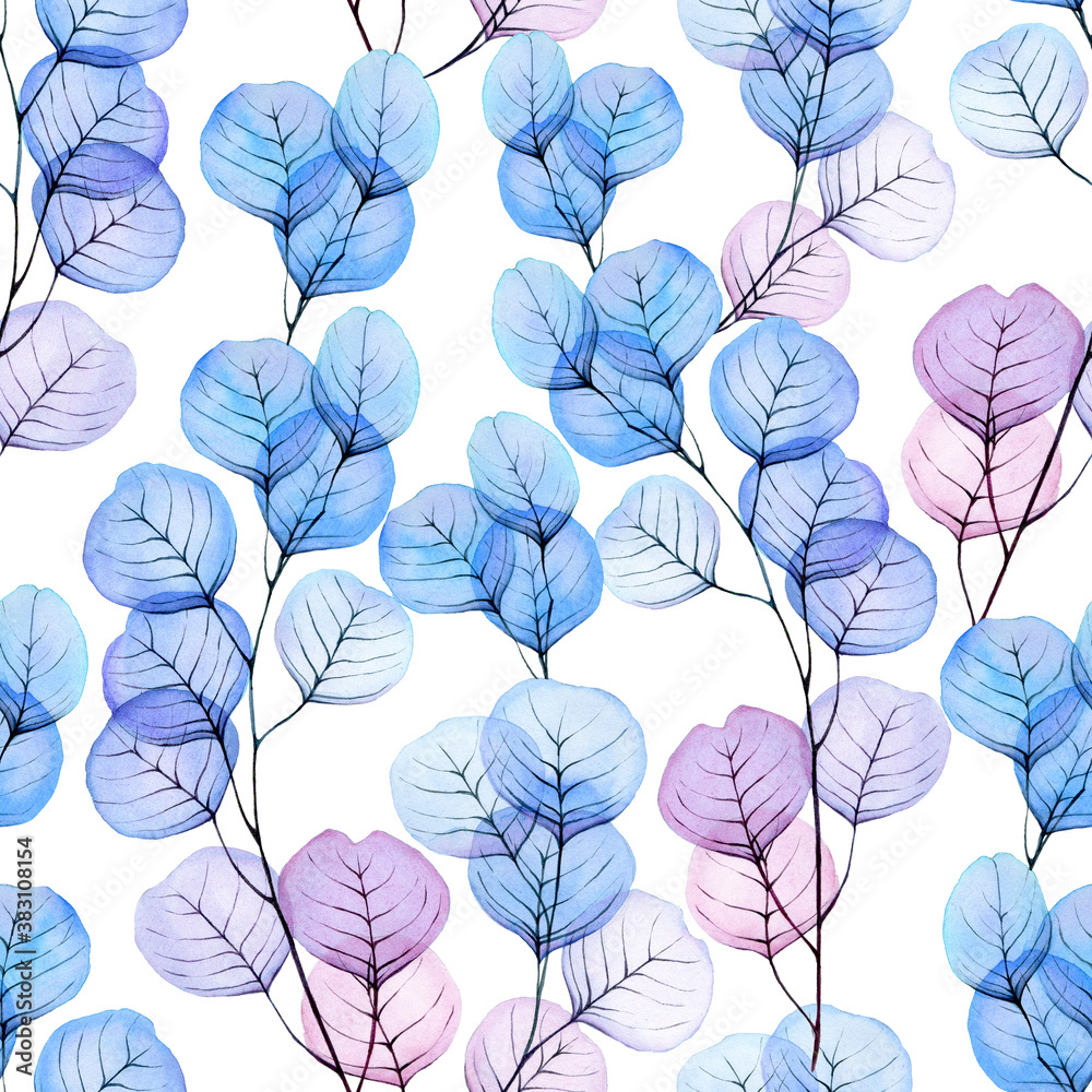 watercolor seamless pattern with transparent eucalyptus leaves. transparent flowers and leaves of bl